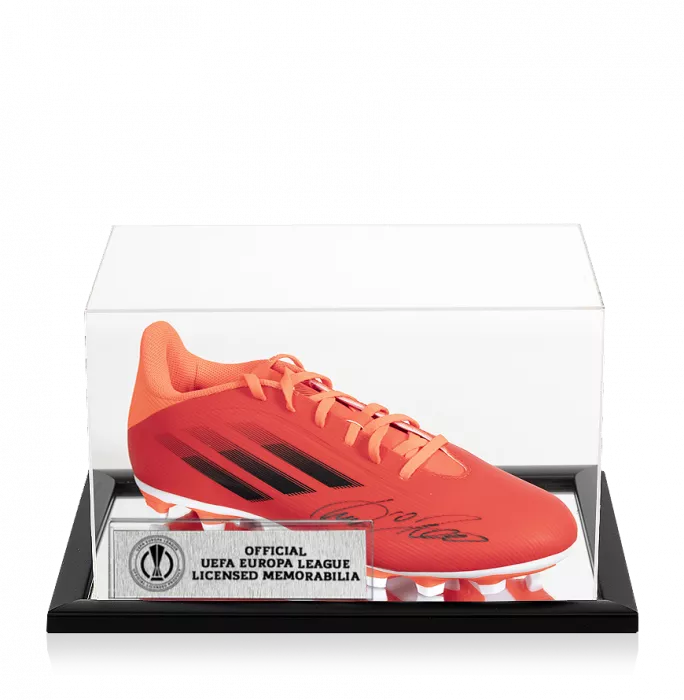 icons Lukas Podolski Official UEFA Europa League Signed Red Adidas X.4 Boot In Acrylic Case