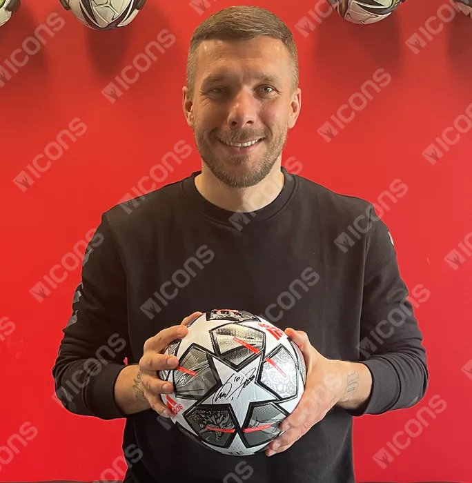 Icons Lukas Podolski Signed UEFA Champions League Football In Acrylic Case