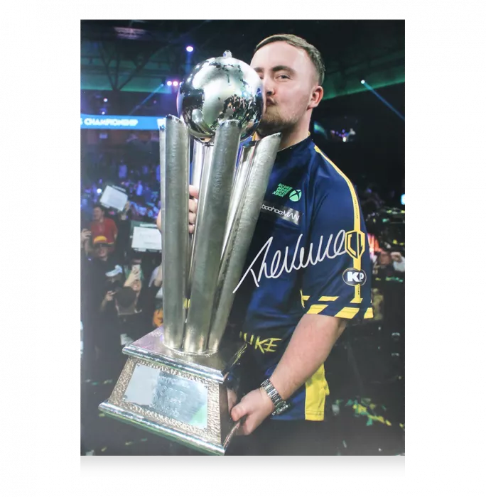 Icons Luke Littler Signed Photo In Black Wooden Frame: World Darts Championship Trophy