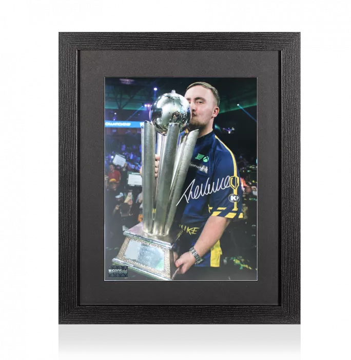 icons Luke Littler Signed Photo In Black Wooden Frame: World Darts Championship Trophy