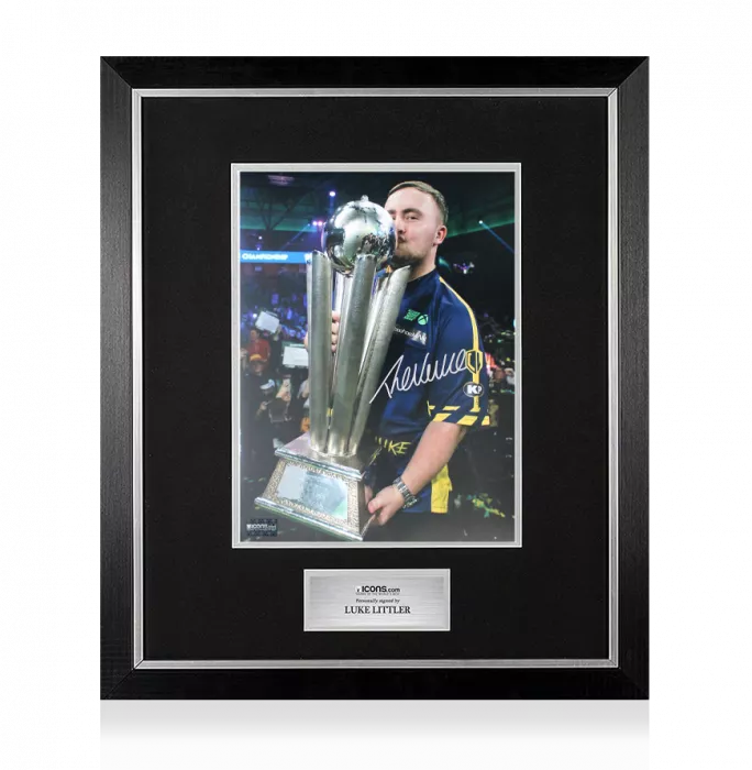 icons Luke Littler Signed Photo In Premium Photo Frame: World Darts Championship Trophy