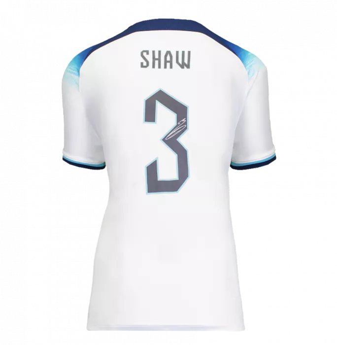Icons Luke Shaw Back Signed England 2022 Home Shirt With Fan Style Numbers In Hero Frame: Option 1