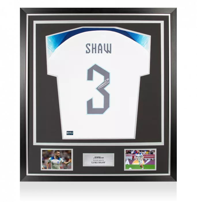 icons Luke Shaw Back Signed England 2022 Home Shirt with Fan Style Numbers In Classic Frame