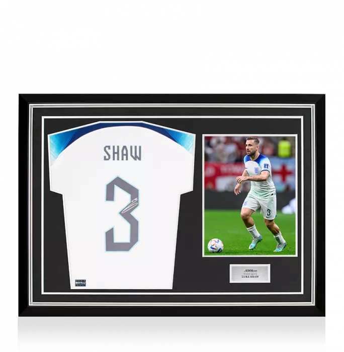icons Luke Shaw Back Signed England 2022 Home Shirt with Fan Style Numbers In Hero Frame: Option 1