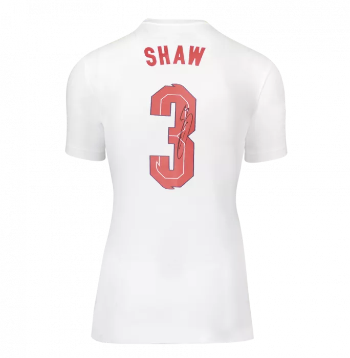 Icons Luke Shaw Back Signed England Home T-Shirt In Hero Frame: Option 1
