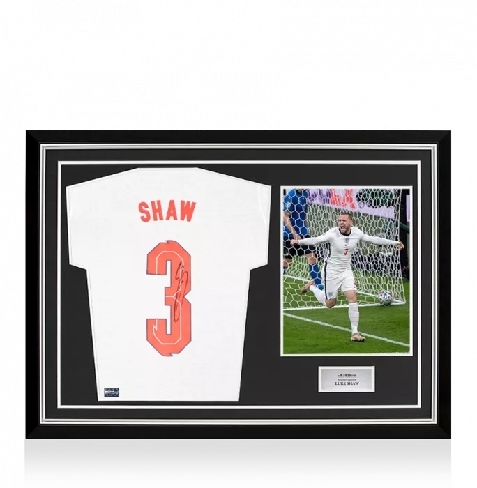 icons Luke Shaw Back Signed England Home T-Shirt In Hero Frame: Option 1