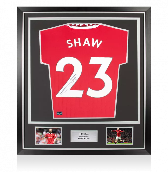 icons Luke Shaw Back Signed Manchester United 2022-23 Home Shirt with Fan Style Numbers In Classic Frame