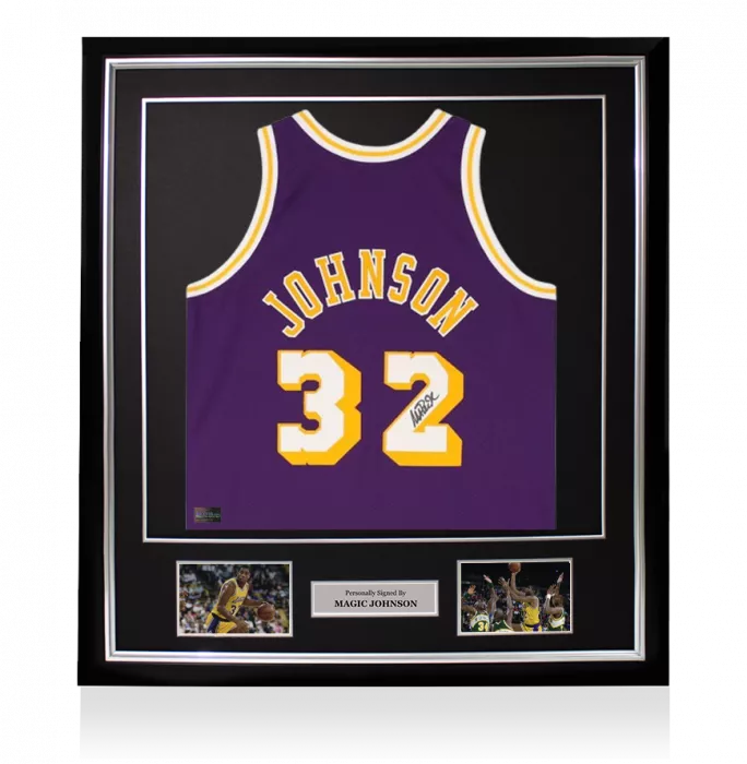 icons Magic Johnson Signed and Framed Los Angeles Lakers Purple Mitchell & Ness Authentic Jersey