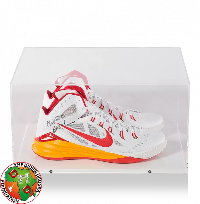 icons Marc Gasol Signed White Red and Orange Nike Basketball Sneakers In Acrylic Case