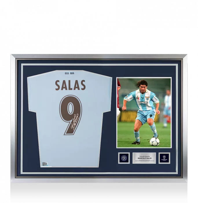 icons Marcelo Salas Official UEFA Champions League Back Signed and Hero Framed SS Lazio Modern Home Shirt