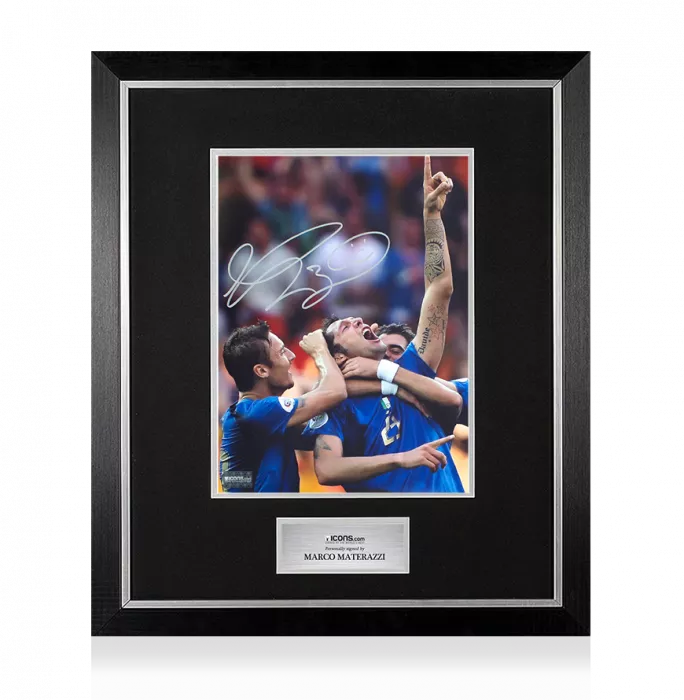 icons Marco Materazzi Signed Italy Photo In Premium Photo Frame: 2006 FIFA World Cup Final Goal vs France