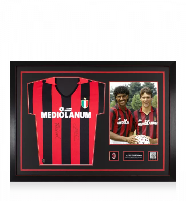 icons Marco van Basten & Frank Rijkaard Official AC Milan Front Signed and Framed Retro Home Shirt