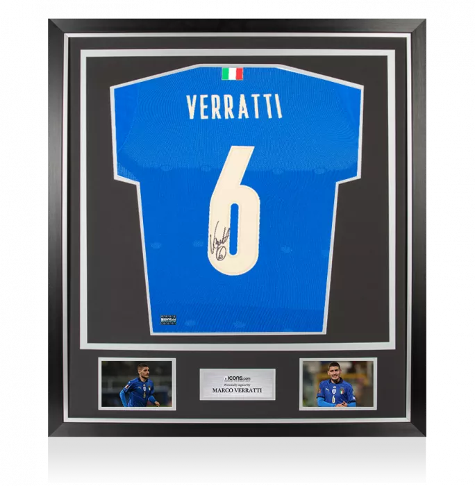 icons Marco Verratti Back Signed Italy 2018 Home Shirt with Fan Style Numbers In Classic Frame
