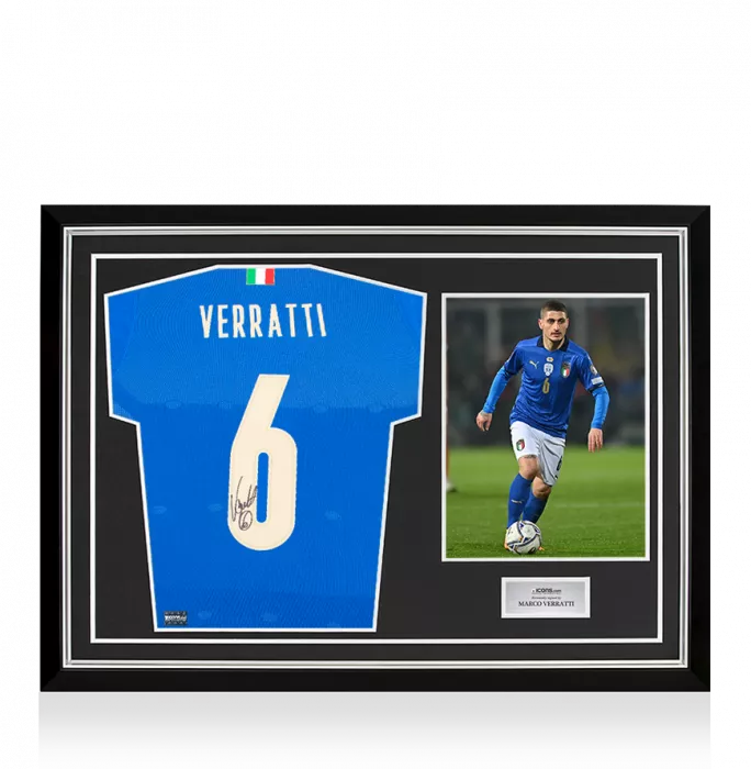 icons Marco Verratti Back Signed Italy 2018 Home Shirt with Fan Style Numbers In Hero Frame: Option 1