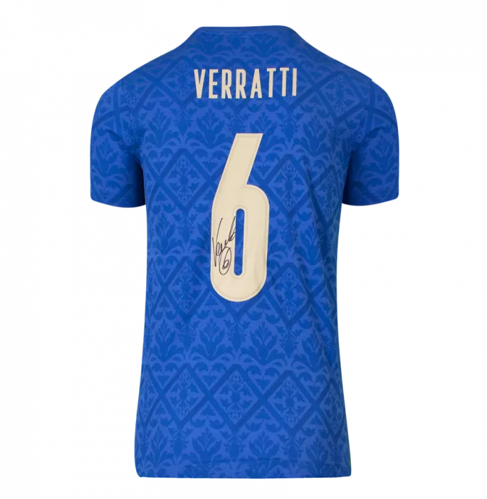 Icons Marco Verratti Back Signed Italy 2020 Champions T-Shirt With Fan Style Numbers (XL Boys) In Hero Frame: Option 1