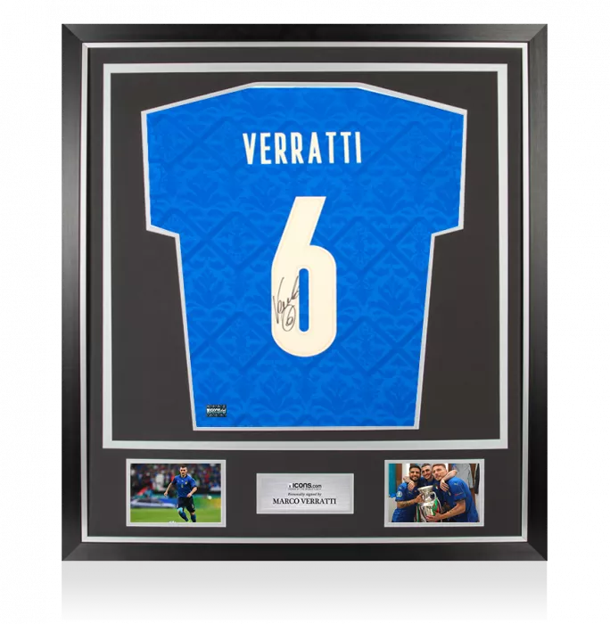 icons Marco Verratti Back Signed Italy 2020 Champions T-Shirt with Fan Style Numbers (XL Boys) In Classic Frame