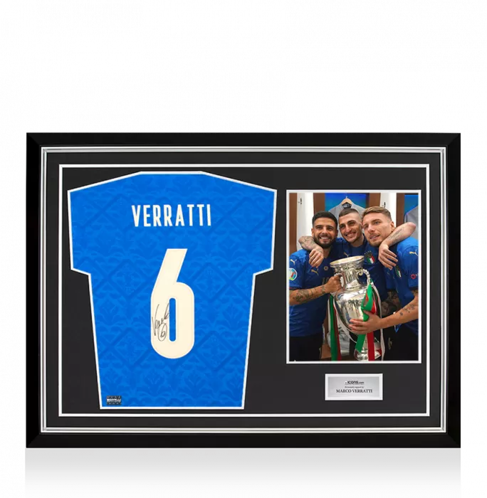 icons Marco Verratti Back Signed Italy 2020 Champions T-Shirt with Fan Style Numbers (XL Boys) In Hero Frame: Option 1