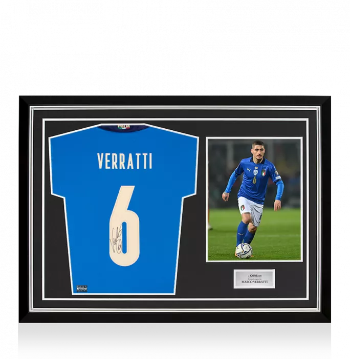 icons Marco Verratti Back Signed Italy 2020 Home Shirt with Fan Style Numbers In Hero Frame: Option 1