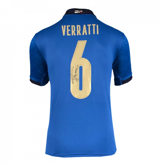 Icons Marco Verratti Back Signed Italy 2020 Home Shirt With Fan Style Numbers In Classic Frame