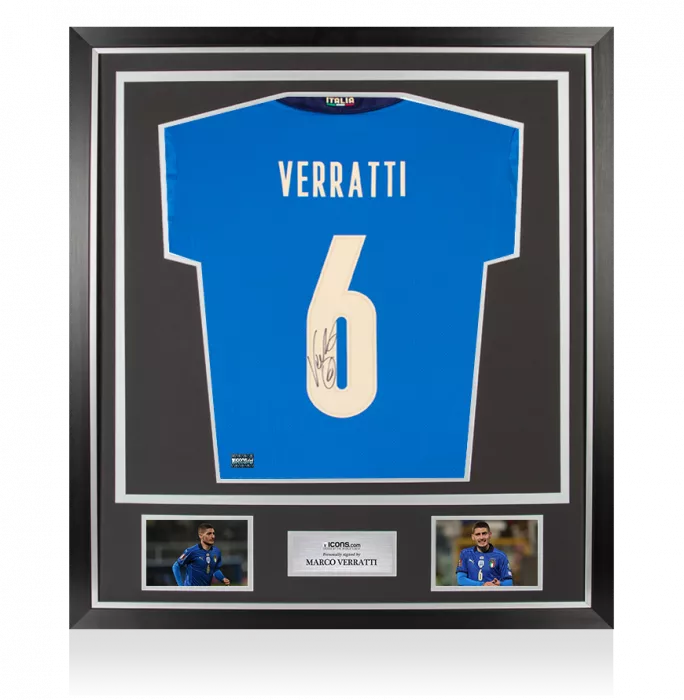 icons Marco Verratti Back Signed Italy 2020 Home Shirt with Fan Style Numbers In Classic Frame