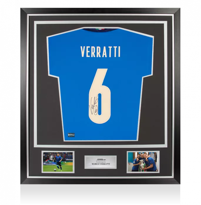 icons Marco Verratti Back Signed Italy 2020 Home Shirt with Fan Style Numbers In Classic Frame