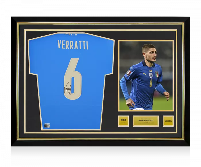 icons Marco Verratti Official FIFA World Cup™ Back Signed and Hero Framed Modern Italy Shirt