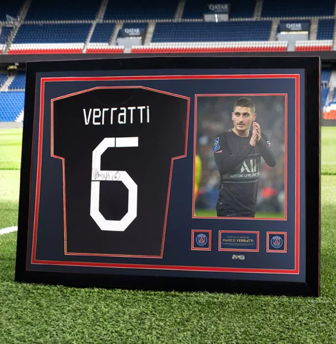 Icons Marco Verratti Official Paris Saint-Germain Back Signed And Framed 2021-22 Third Shirt With Fan Style Number