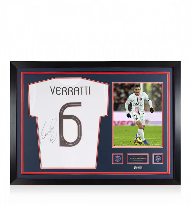 icons Marco Verratti Official Paris Saint-Germain Back Signed and Framed 2021-22 Away Shirt With Fan Style Number