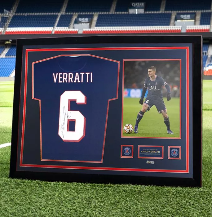 Icons Marco Verratti Official Paris Saint-Germain Back Signed And Framed 2021-22 Home Shirt With Fan Style Number