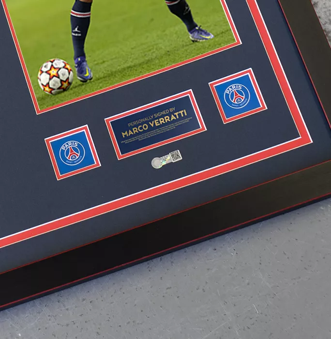 Icons Marco Verratti Official Paris Saint-Germain Back Signed And Framed 2021-22 Home Shirt With Fan Style Number