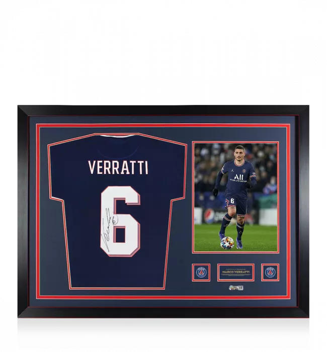 icons Marco Verratti Official Paris Saint-Germain Back Signed and Framed 2021-22 Home Shirt With Fan Style Number