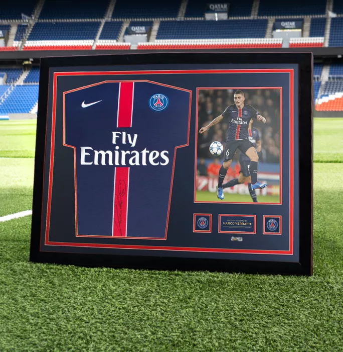 Icons Marco Verratti Official Paris Saint-Germain Back Signed And Framed 2015-16 Home Shirt With Fan Style Numbers