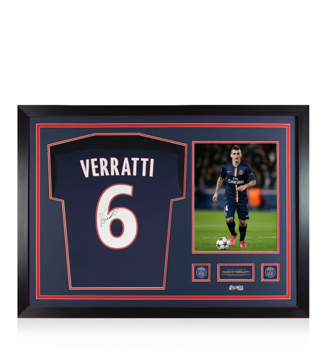 icons Marco Verratti Official Paris Saint-Germain Back Signed and Framed 2015-16 Home Shirt With Fan Style Numbers