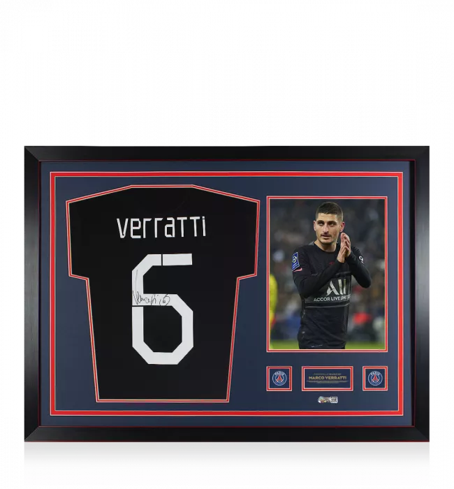 icons Marco Verratti Official Paris Saint-Germain Back Signed and Framed 2021-22 Third Shirt With Fan Style Number