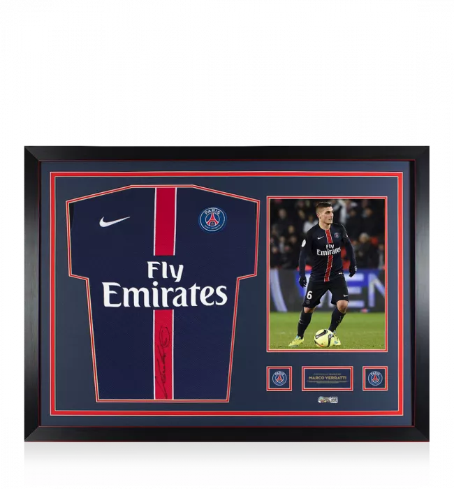 icons Marco Verratti Official Paris Saint-Germain Front Signed and Framed 2015-16 Home Shirt: Signed In Black
