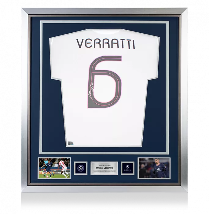 icons Marco Verratti Official UEFA Champions League Back Signed and Framed Paris Saint-Germain 2021-22 Away Shirt