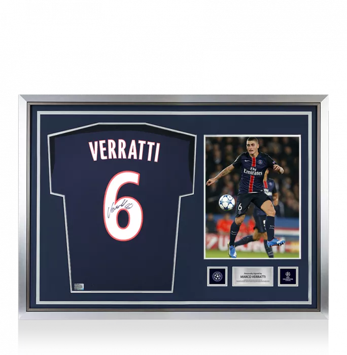icons Marco Verratti Official UEFA Champions League Back Signed and Hero Framed Paris Saint-Germain 2015-16 Home Shirt With Fan Style Number