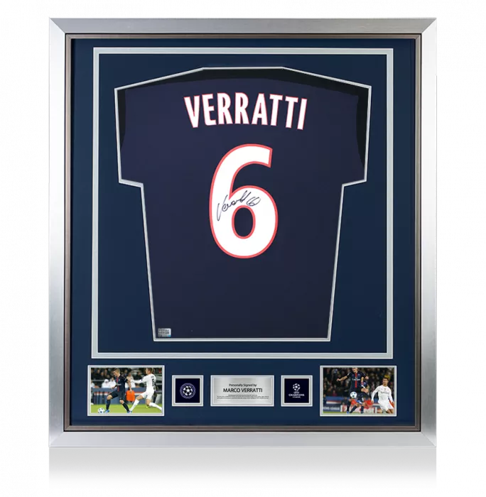 icons Marco Verratti Official UEFA Champions League Back Signed and Framed Paris Saint-Germain 2015-16 Home Shirt With Fan Style Number