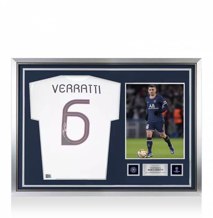icons Marco Verratti Official UEFA Champions League Back Signed and Hero Framed Paris Saint-Germain 2021-22 Away Shirt