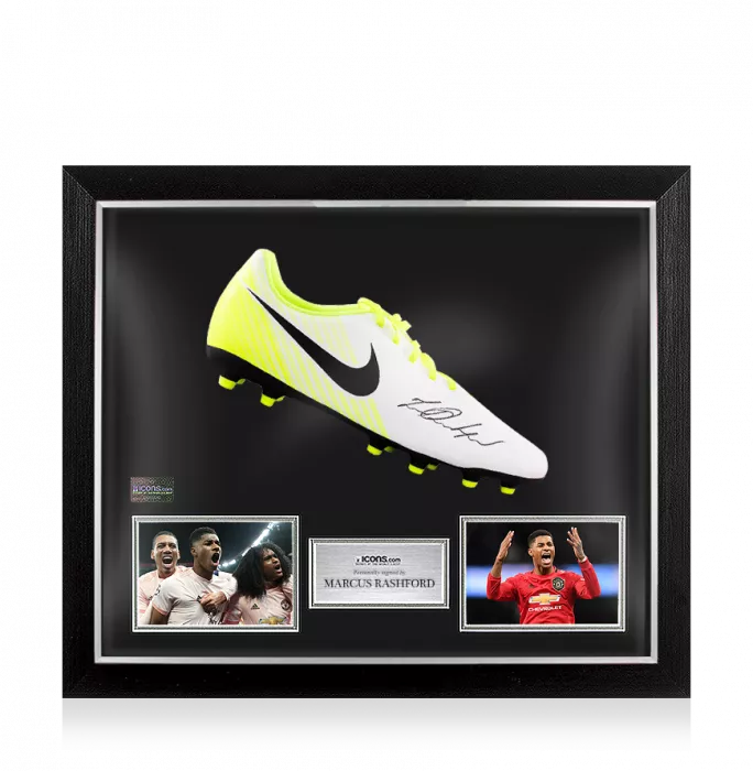 Icons Marcus Rashford Signed White And Lime Green Nike Tiempo Boot In Bubble Frame: Option 1