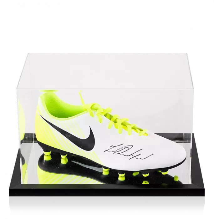 Icons Marcus Rashford Signed White And Lime Green Nike Tiempo Boot In Acrylic Case
