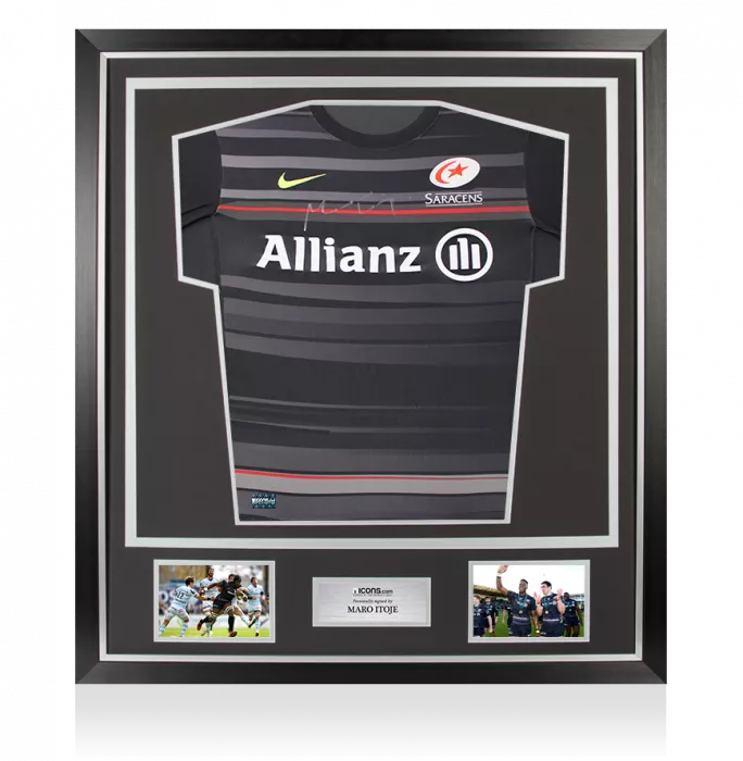 icons Maro Itoje Front Signed Saracens 2014-15 Home Shirt In Classic Frame