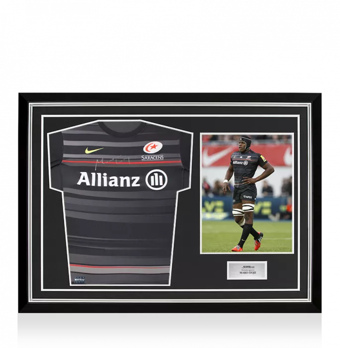icons Maro Itoje Front Signed Saracens 2014-15 Home Shirt In Hero Frame: Option 1