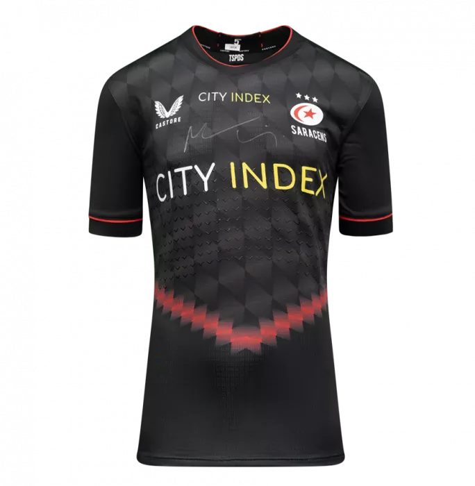 Icons Maro Itoje Front Signed Saracens 2021-22 Home Shirt In Deluxe Packaging