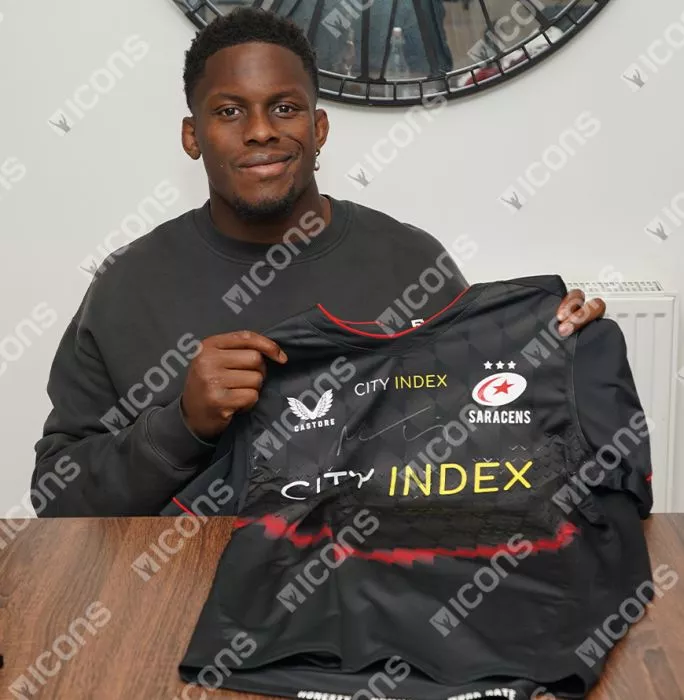 Icons Maro Itoje Front Signed Saracens 2021-22 Home Shirt In Deluxe Packaging