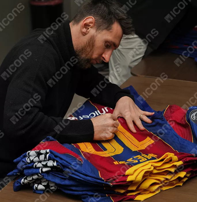 Icons MATCH ISSUE Lionel Messi Official FC Barcelona Back Signed And Framed 2020-21 Home Shirt: UEFA Champions League Edition