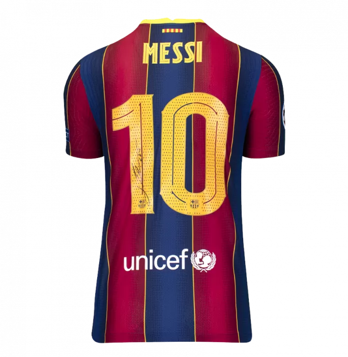 Icons MATCH ISSUE Lionel Messi Official FC Barcelona Back Signed And Framed 2020-21 Home Shirt: UEFA Champions League Edition