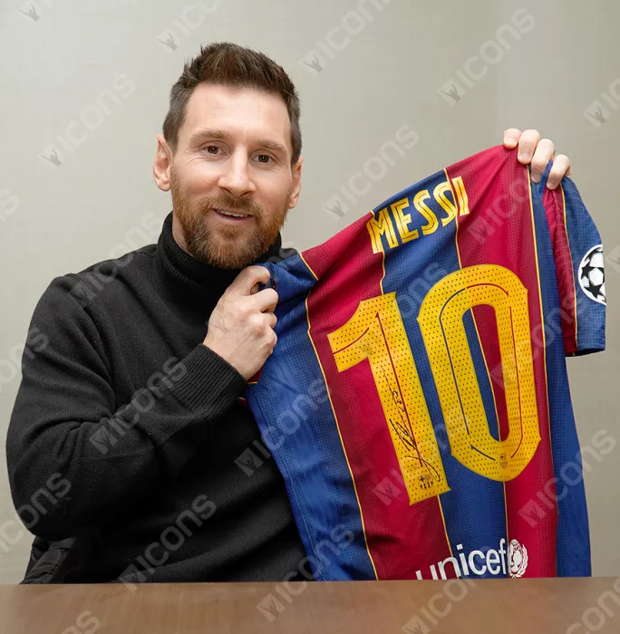 Icons MATCH ISSUE Lionel Messi Official FC Barcelona Back Signed And Framed 2020-21 Home Shirt: UEFA Champions League Edition