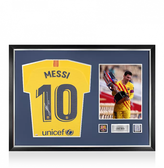icons MATCH ISSUE Lionel Messi Official FC Barcelona Back Signed and Framed 2019-20 Away Shirt