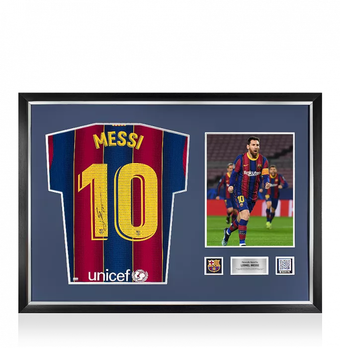 icons MATCH ISSUE Lionel Messi Official FC Barcelona Back Signed and Framed 2020-21 Home Shirt